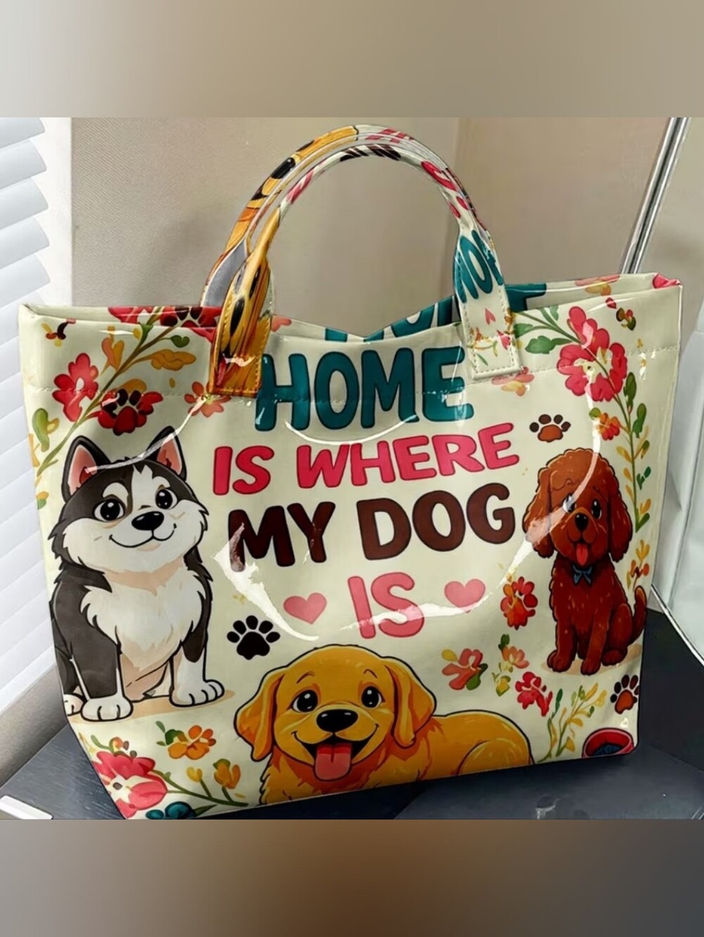Cute Dog Print Daily Commute PVC Hand Tote Bag Large